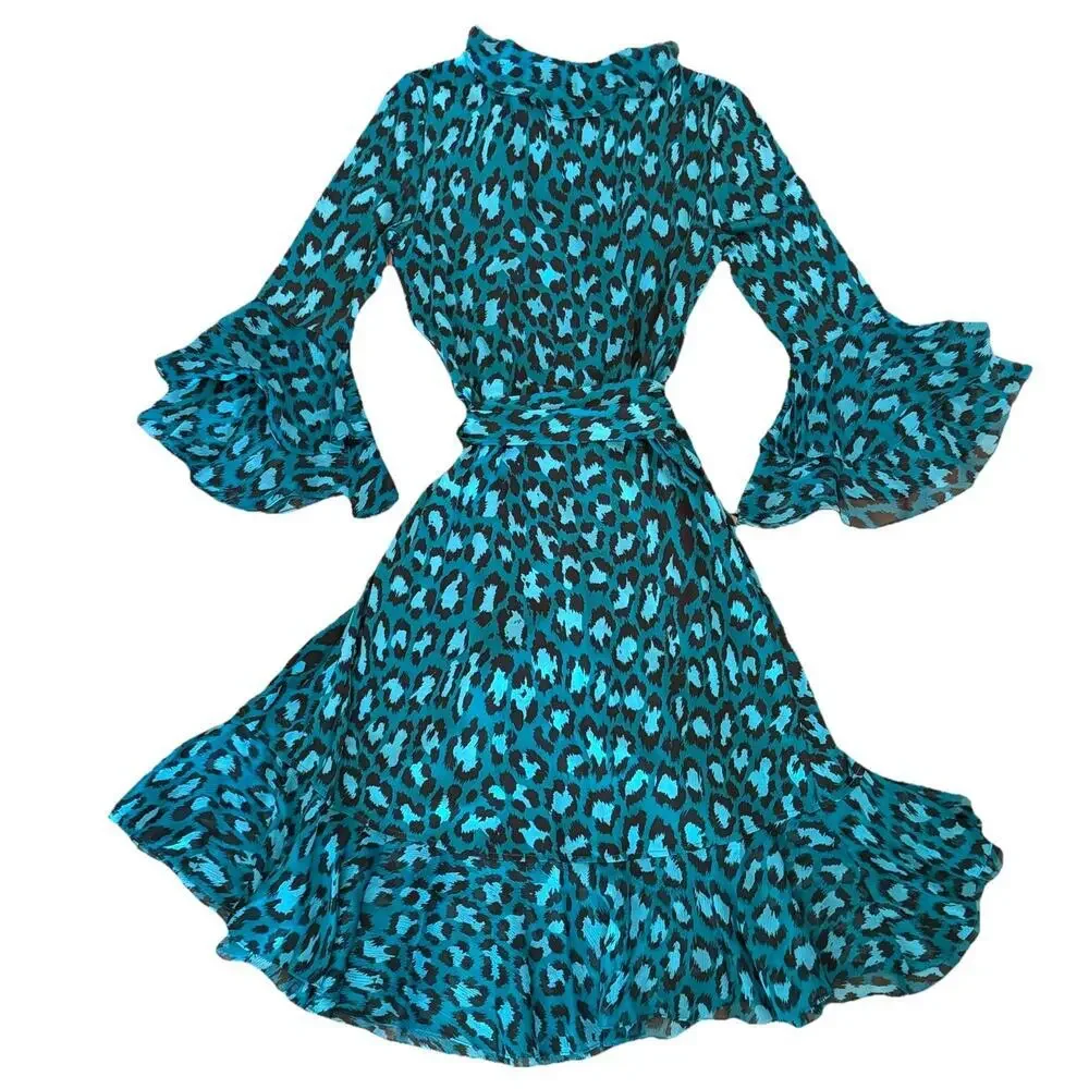 Diane Von Furstenberg DVF Carli Wrap Dress 2 Teal Leopard Silk Jersey NWT - Picture 6 of 12